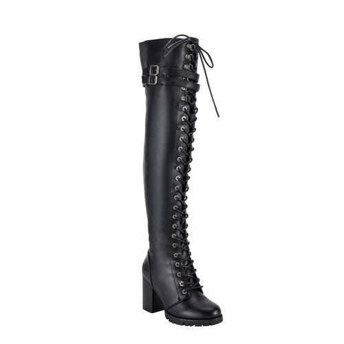 Women's Knee High Laced Motorcycle Boots — Black Heeled