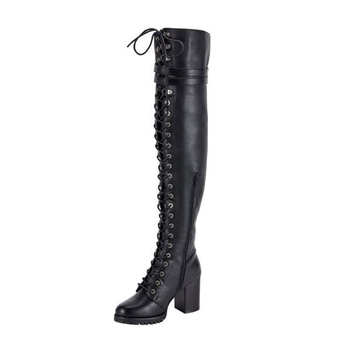 Women's Knee High Laced Motorcycle Boots — Black Heeled