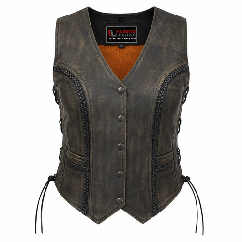 Wild Sage — Women's Long-Cut Distressed Brown Cowhide Leather Motorcycle Vest