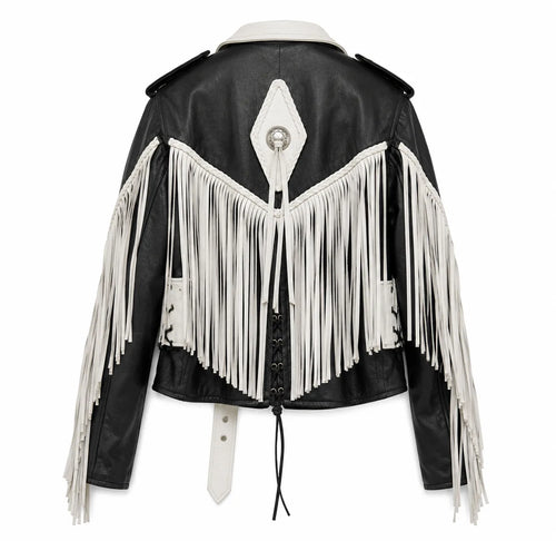Rodeo Rebel — Women’s Black & White Fringe Western Leather Jacket