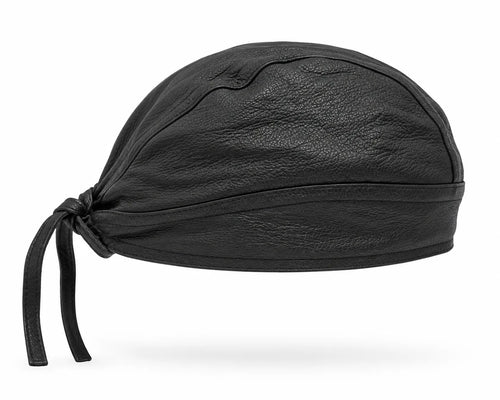Plain black leather pre-tied biker bandana skull cap – view 3