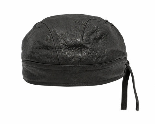Plain black leather pre-tied biker bandana skull cap – view 2