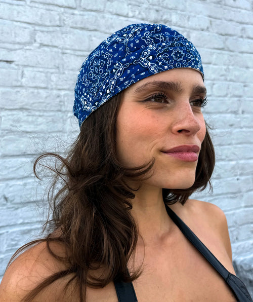 Navy blue paisley print pre-tied bandana skull cap – view 3