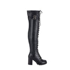 Women's Knee High Laced Motorcycle Boots — Black Heeled