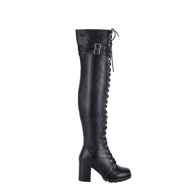 Women's Knee High Laced Motorcycle Boots — Black Heeled