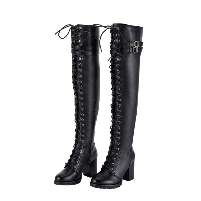 Women's Knee High Laced Motorcycle Boots — Black Heeled