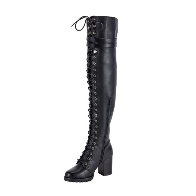Women's Knee High Laced Motorcycle Boots — Black Heeled