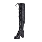 Women's Knee High Laced Motorcycle Boots — Black Heeled