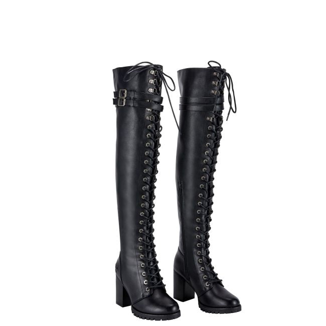 Women's Knee High Laced Motorcycle Boots — Black Heeled