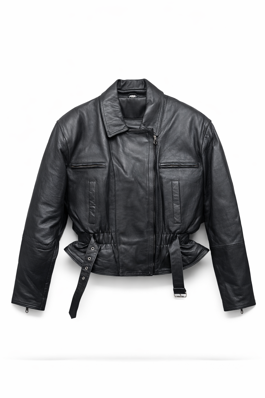 Women’s black cropped leather moto jacket with shoulder epaulets and zippered cuffs