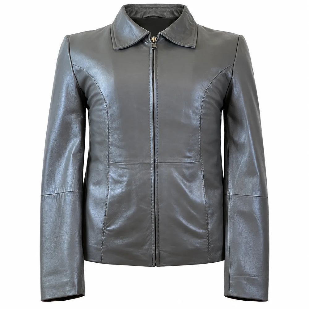 Women’s Grey Lambskin Leather Jacket – Soft &amp; Lightweight