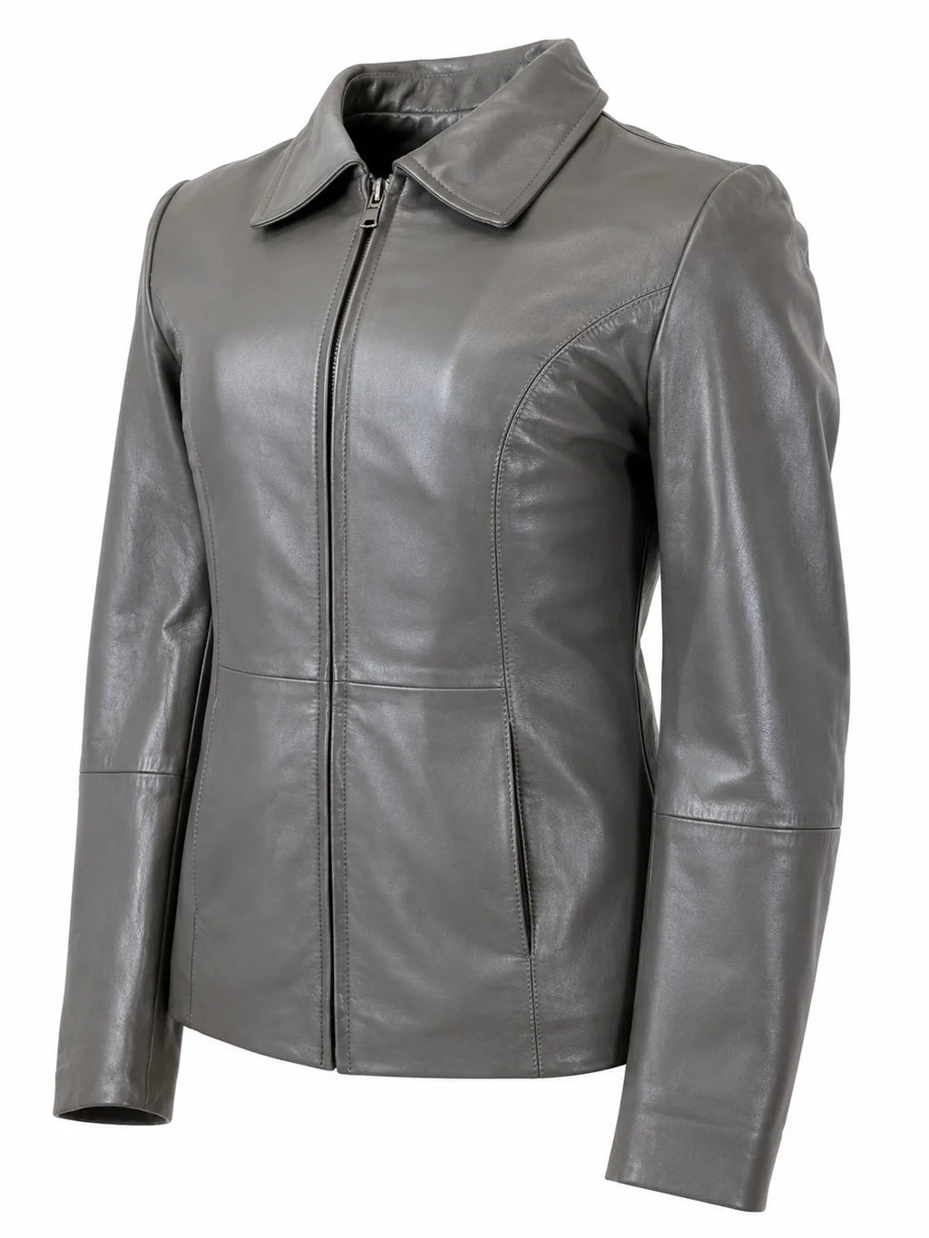 Women’s Grey Lambskin Leather Jacket – Soft &amp; Lightweight