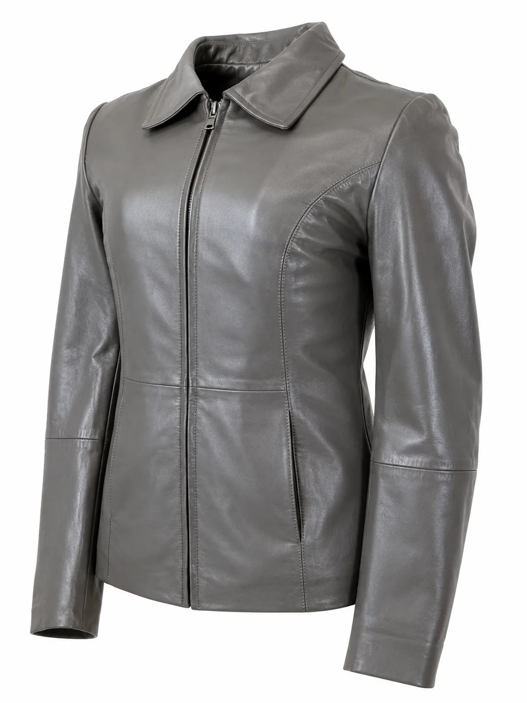 Women’s Grey Lambskin Leather Jacket – Soft &amp; Lightweight