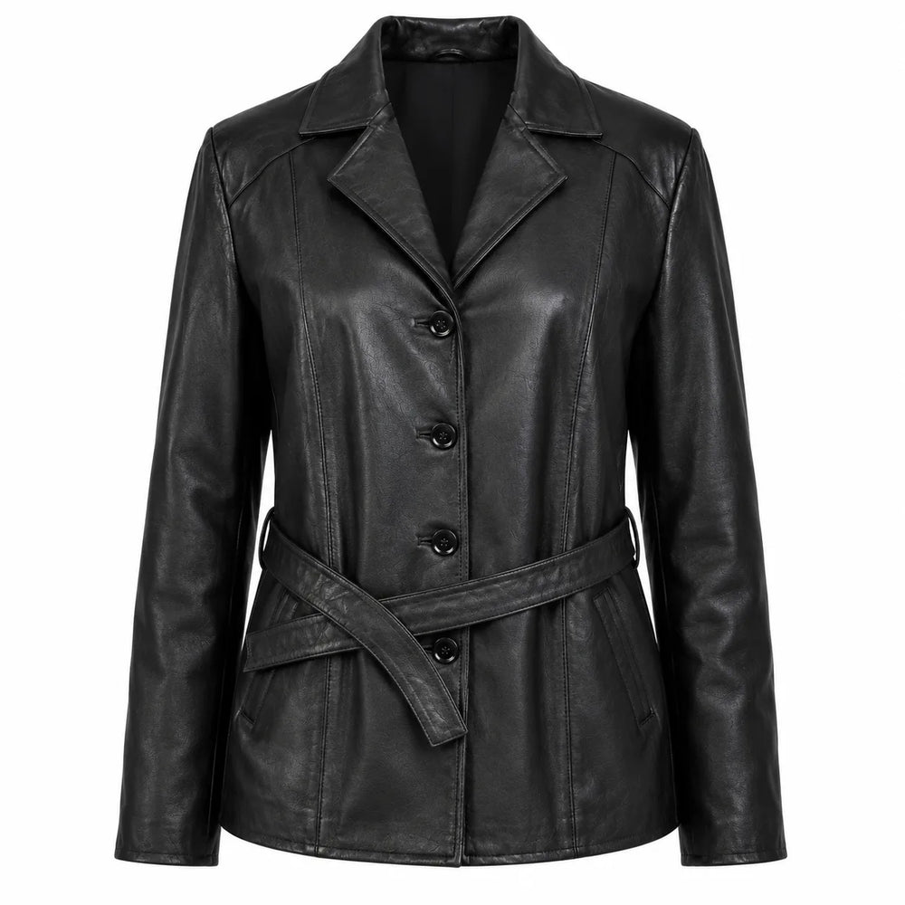 Belle Noir Women’s Black Belted Lambskin Blazer Jacket