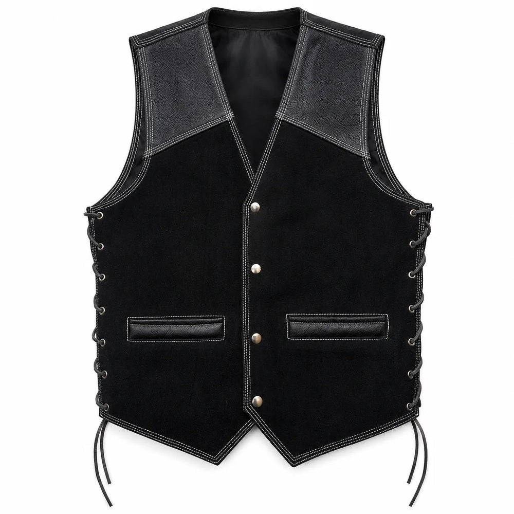 Men’s Leather &amp; Suede Biker Vest – Laced Sides