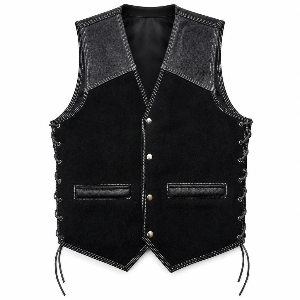 Men’s Leather &amp; Suede Biker Vest – Laced Sides
