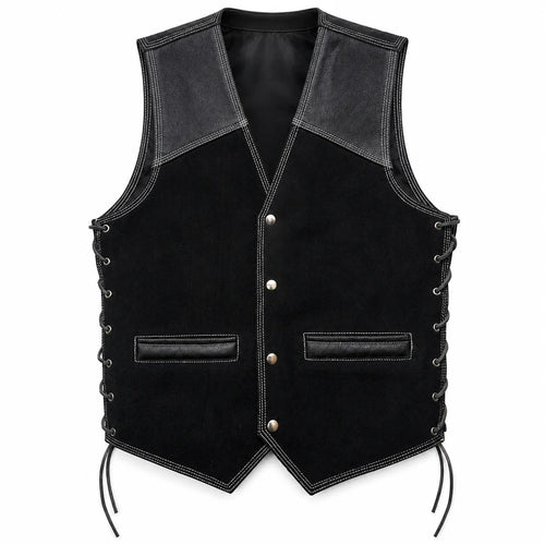 Men’s Leather &amp; Suede Biker Vest – Laced Sides