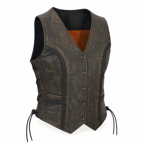 Wild Sage — Women's Long-Cut Distressed Brown Cowhide Leather Motorcycle Vest