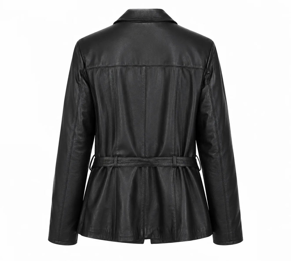 Belle Noir Women’s Black Belted Lambskin Blazer Jacket