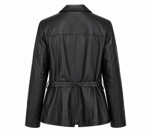 Belle Noir Women’s Black Belted Lambskin Blazer Jacket