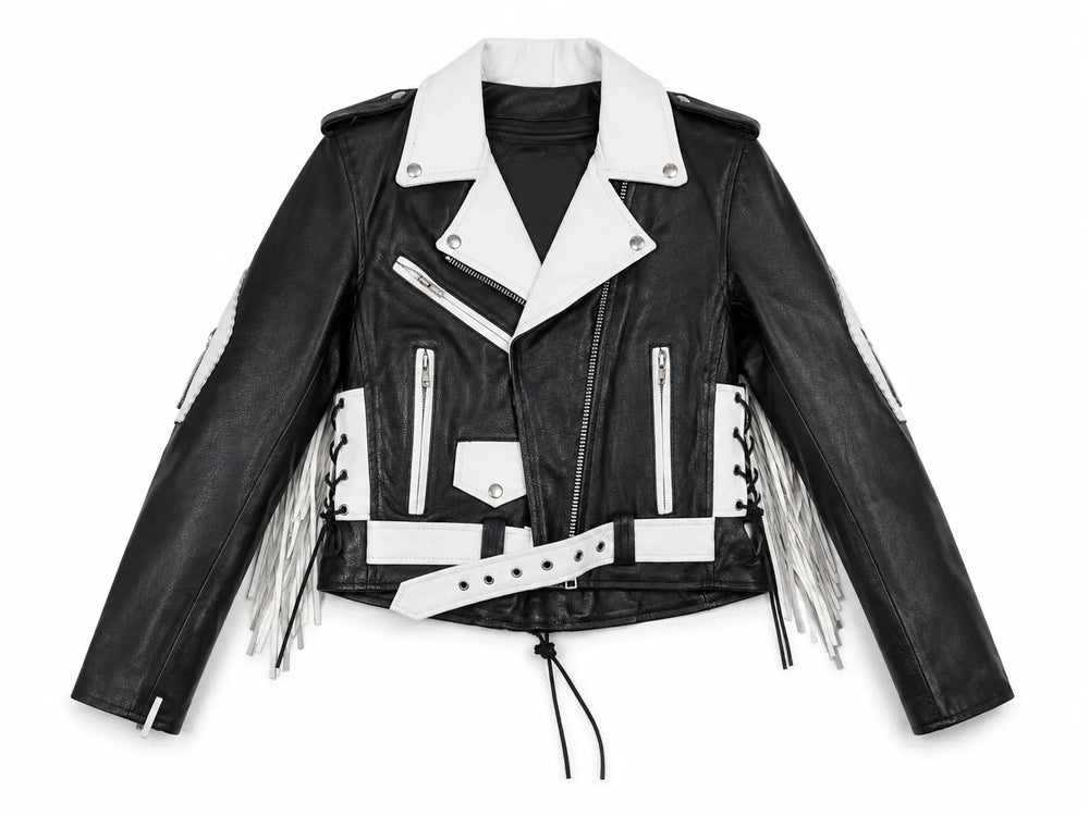 Rodeo Rebel — Women’s Black & White Fringe Western Leather Jacket