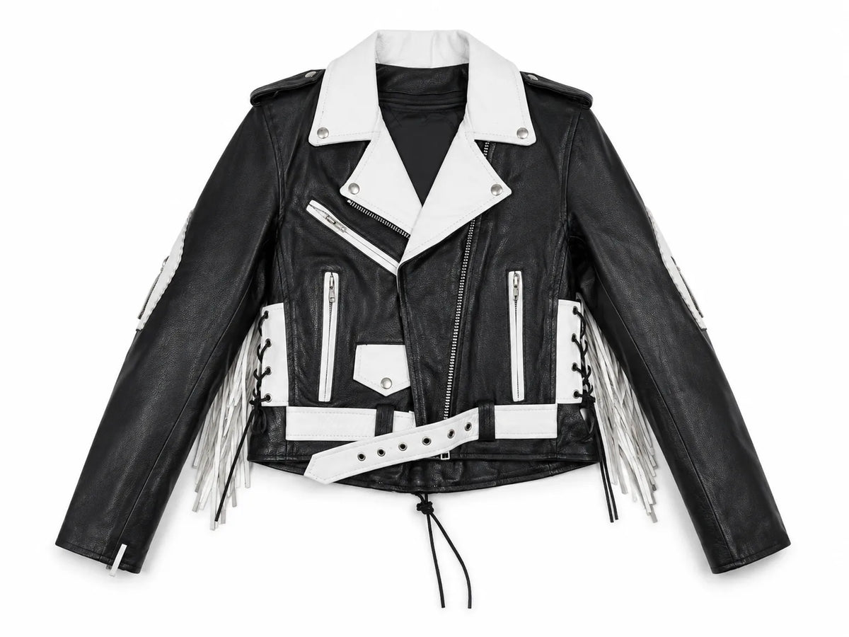 Rodeo Rebel — Women’s Black & White Fringe Western Leather Jacket
