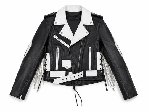 Rodeo Rebel — Women’s Black & White Fringe Western Leather Jacket