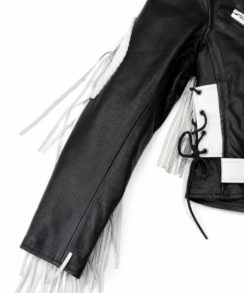 Rodeo Rebel — Women’s Black & White Fringe Western Leather Jacket