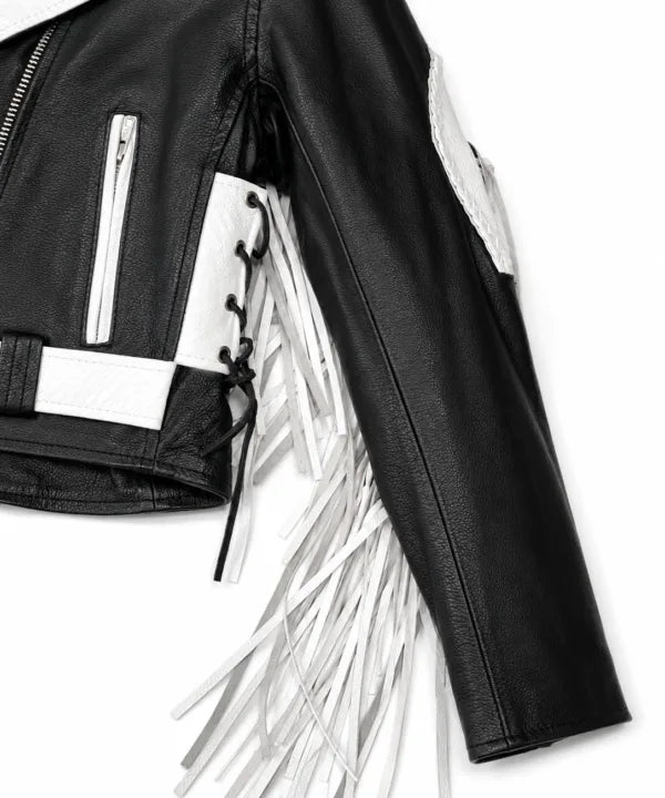 Rodeo Rebel — Women’s Black & White Fringe Western Leather Jacket