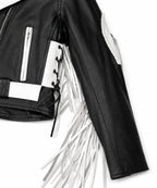 Rodeo Rebel — Women’s Black & White Fringe Western Leather Jacket