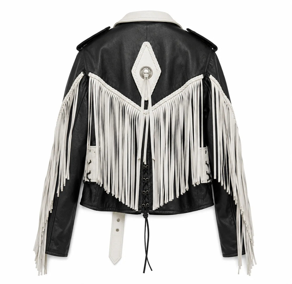 Rodeo Rebel — Women’s Black & White Fringe Western Leather Jacket