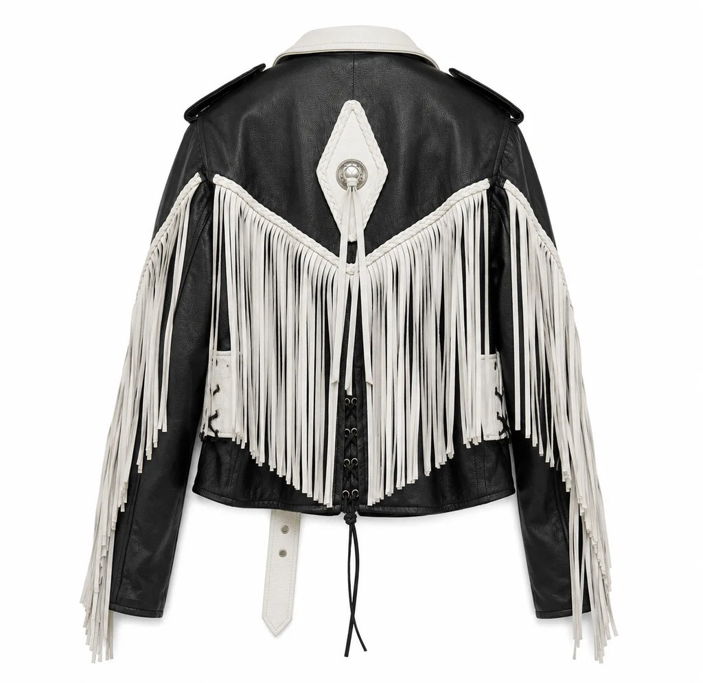 Rodeo Rebel — Women’s Black & White Fringe Western Leather Jacket