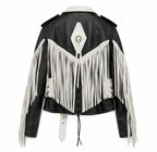 Rodeo Rebel — Women’s Black & White Fringe Western Leather Jacket