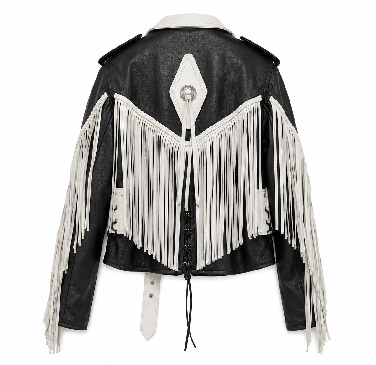 Rodeo Rebel — Women’s Black & White Fringe Western Leather Jacket