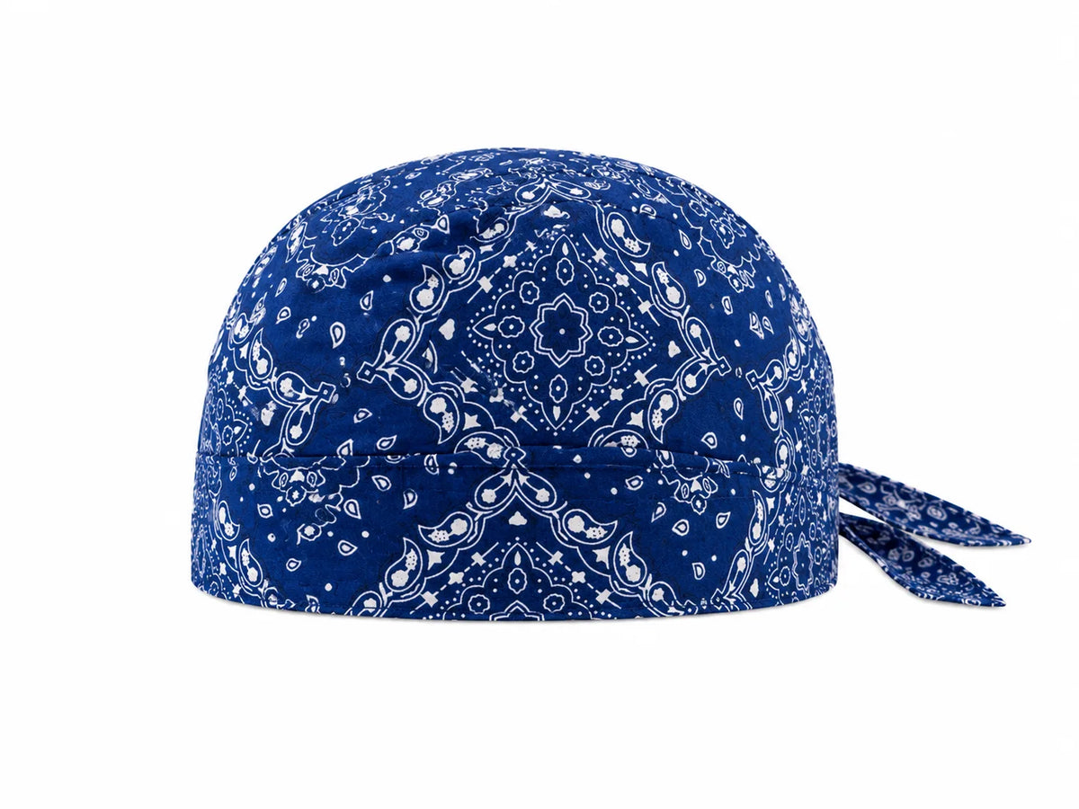 Navy blue paisley print pre-tied bandana skull cap – view 6