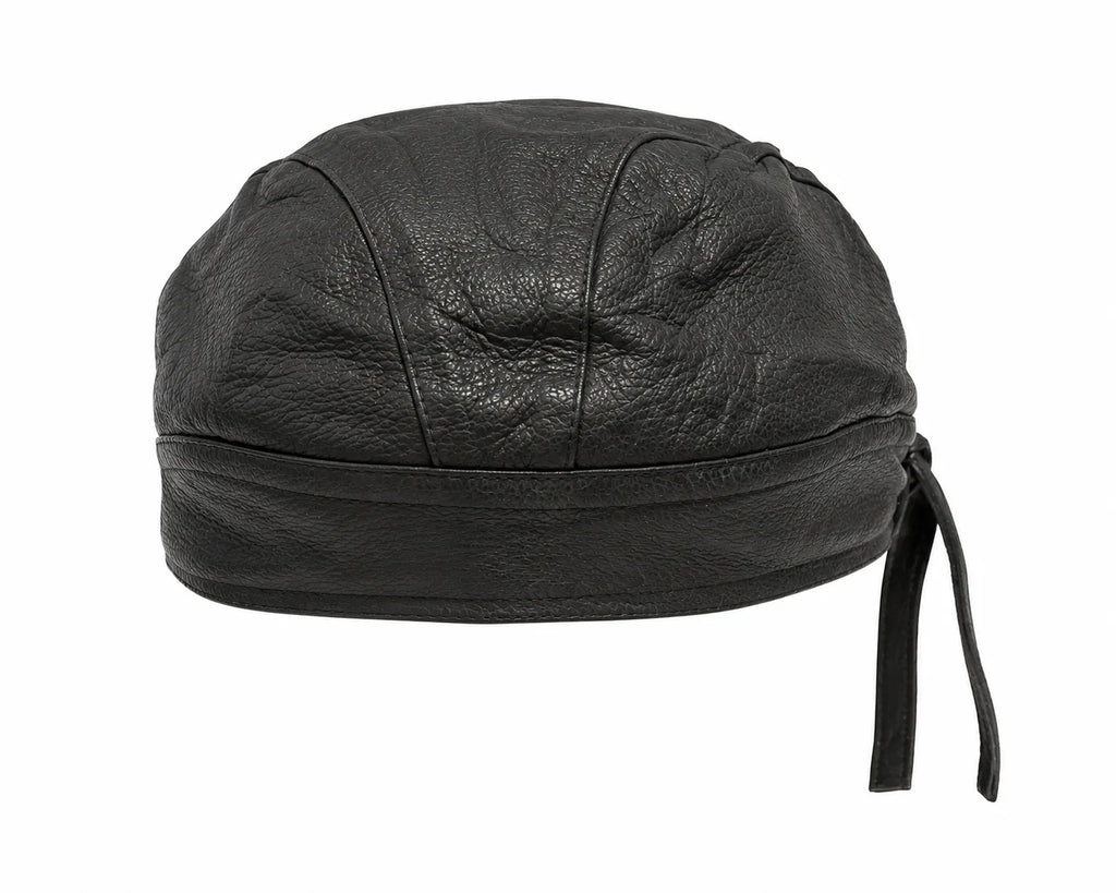 Plain black leather pre-tied biker bandana skull cap – view 2