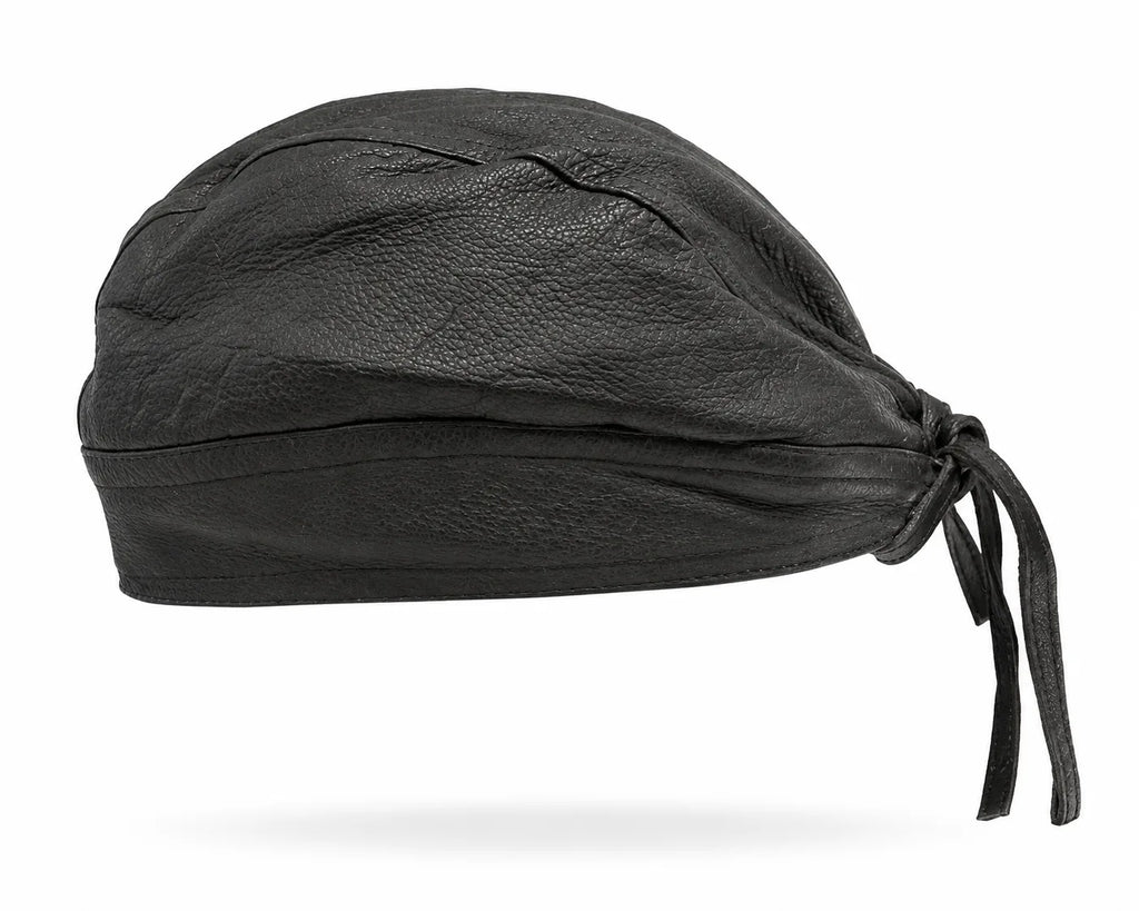 Plain black leather pre-tied biker bandana skull cap