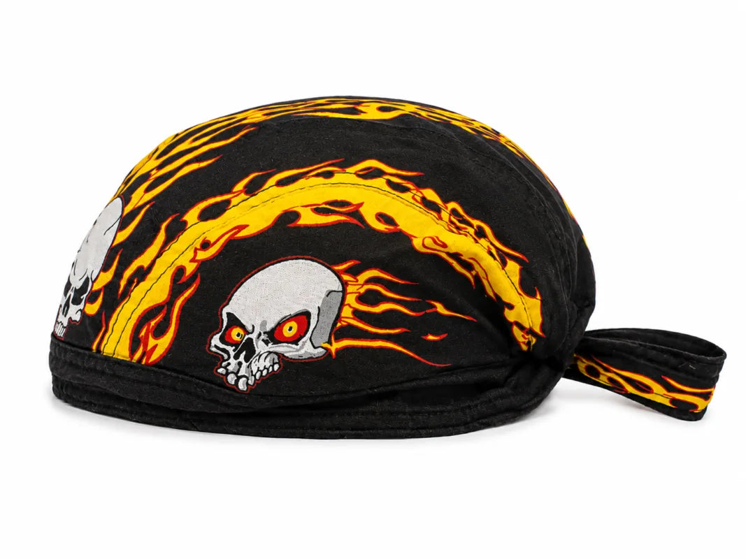 Flaming Skull Bandana Cap – Black Biker Skull Cap Doo Rag