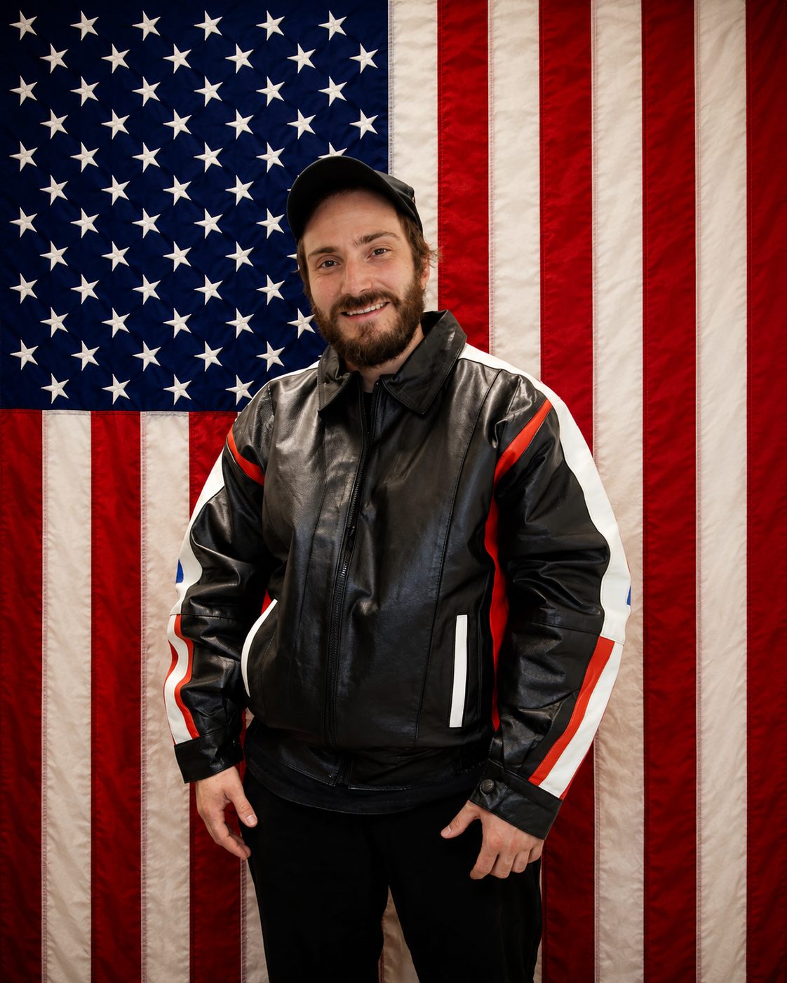 Young Americans campaign portrait featuring leather apparel before an American flag