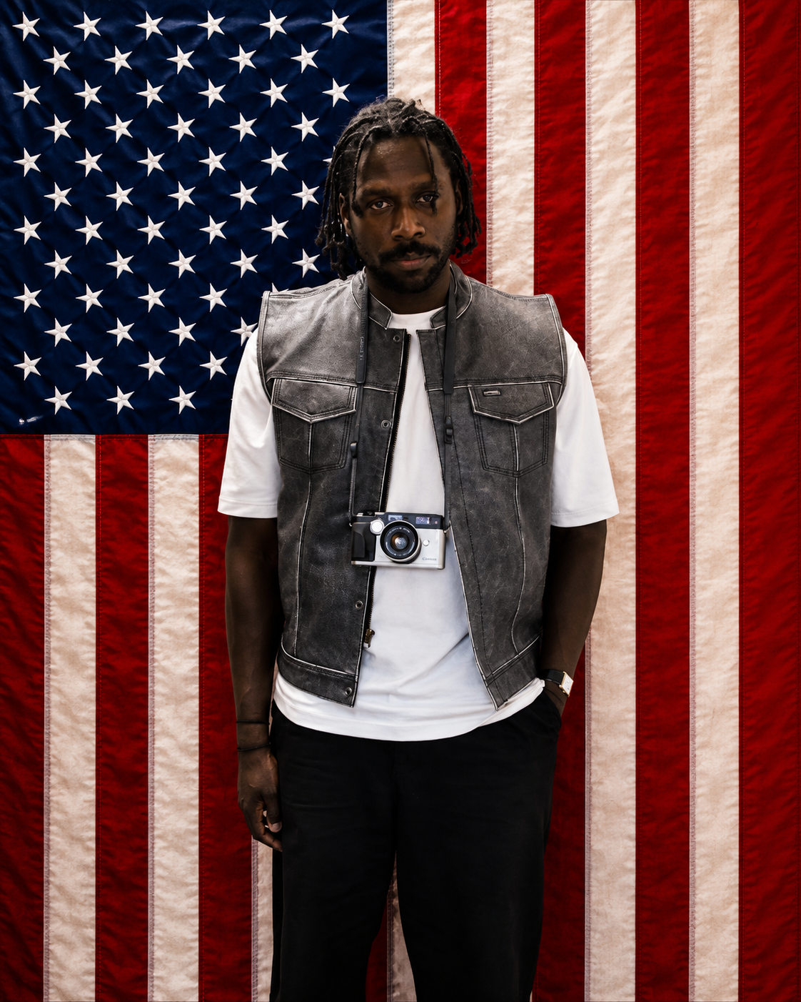 Young Americans campaign portrait featuring leather apparel before an American flag