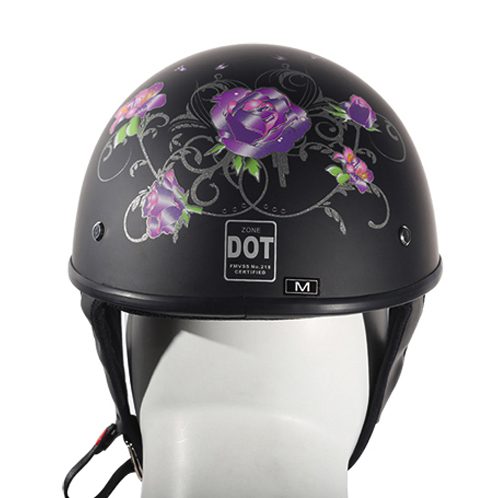 Women’s Flat Black DOT Approved Helmet With Purple Rose Tribal Design — alternate view 2, Hasbro Leather