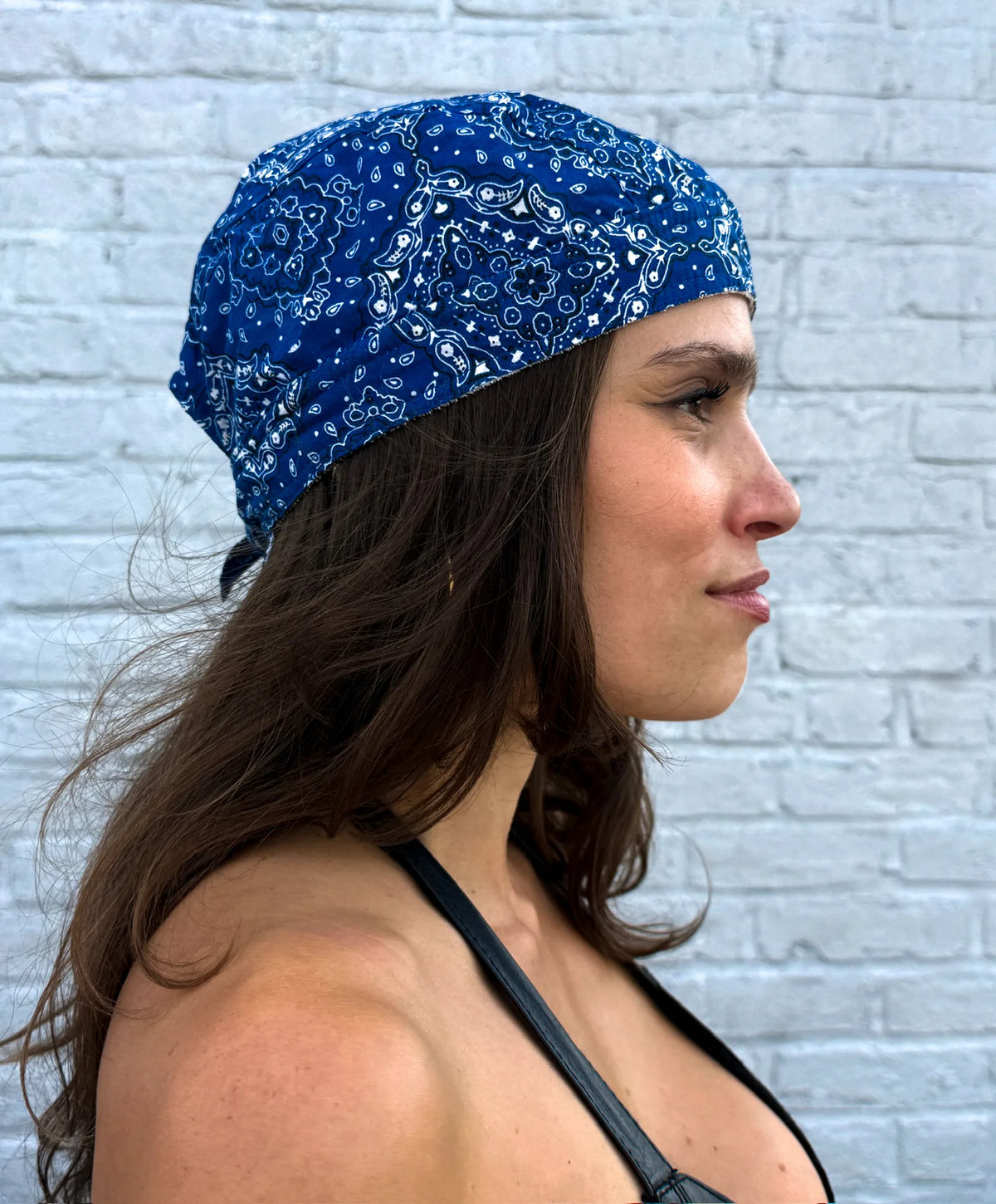 Navy blue paisley print pre-tied bandana skull cap – view 4