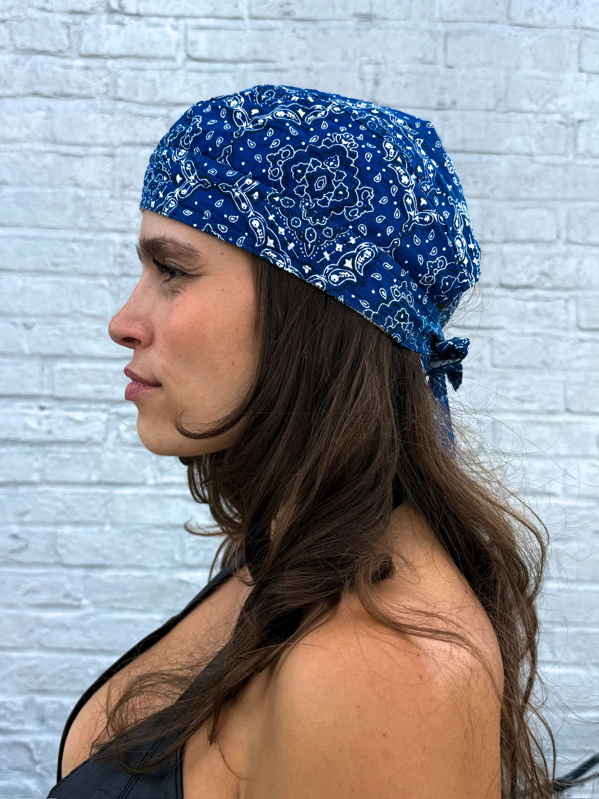 Navy blue paisley print pre-tied bandana skull cap – view 2