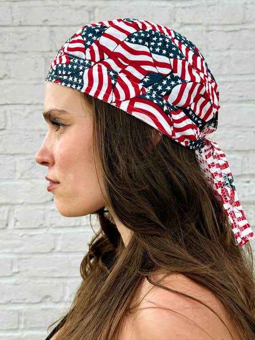 All-over American flag collage print pre-tied bandana skull cap – view 2