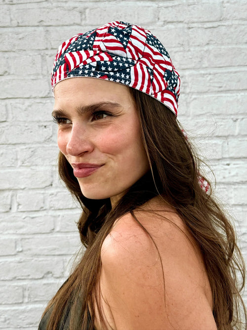 All-over American flag collage print pre-tied bandana skull cap – view 3