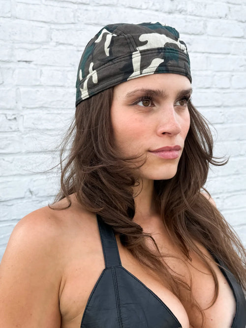 Green Camo Bandana Cap – Woodland Biker Skull Cap Doo Rag