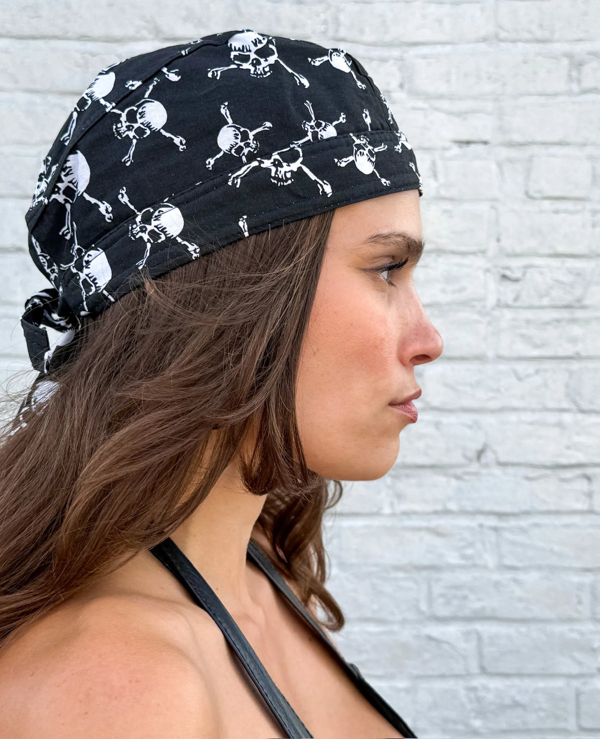 Black bandana skull cap with white skull-and-crossbones print – view 4