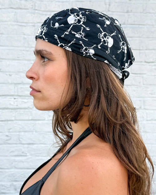 Black bandana skull cap with white skull-and-crossbones print – view 2