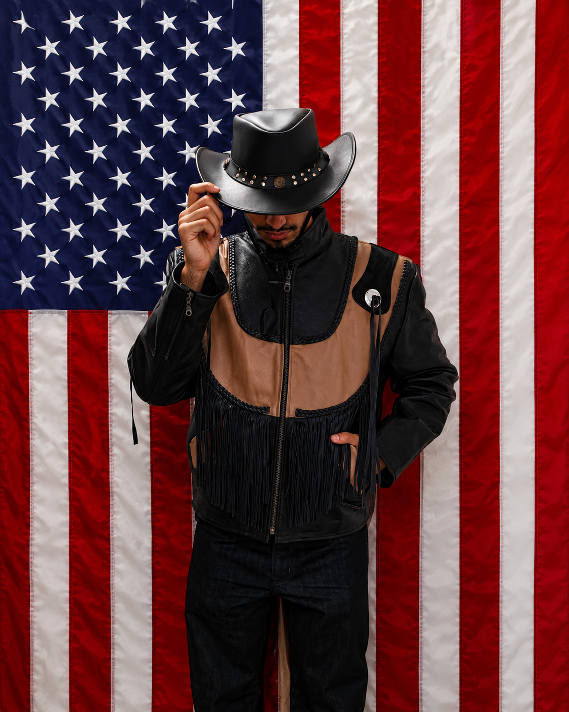 Young Americans campaign portrait featuring leather apparel before an American flag