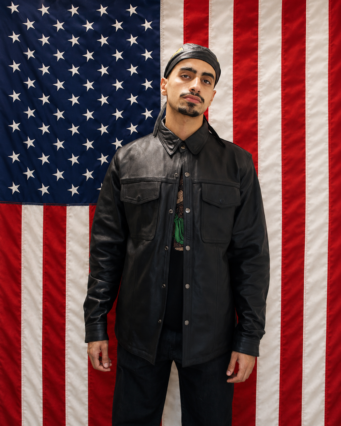Young Americans campaign portrait featuring leather apparel before an American flag